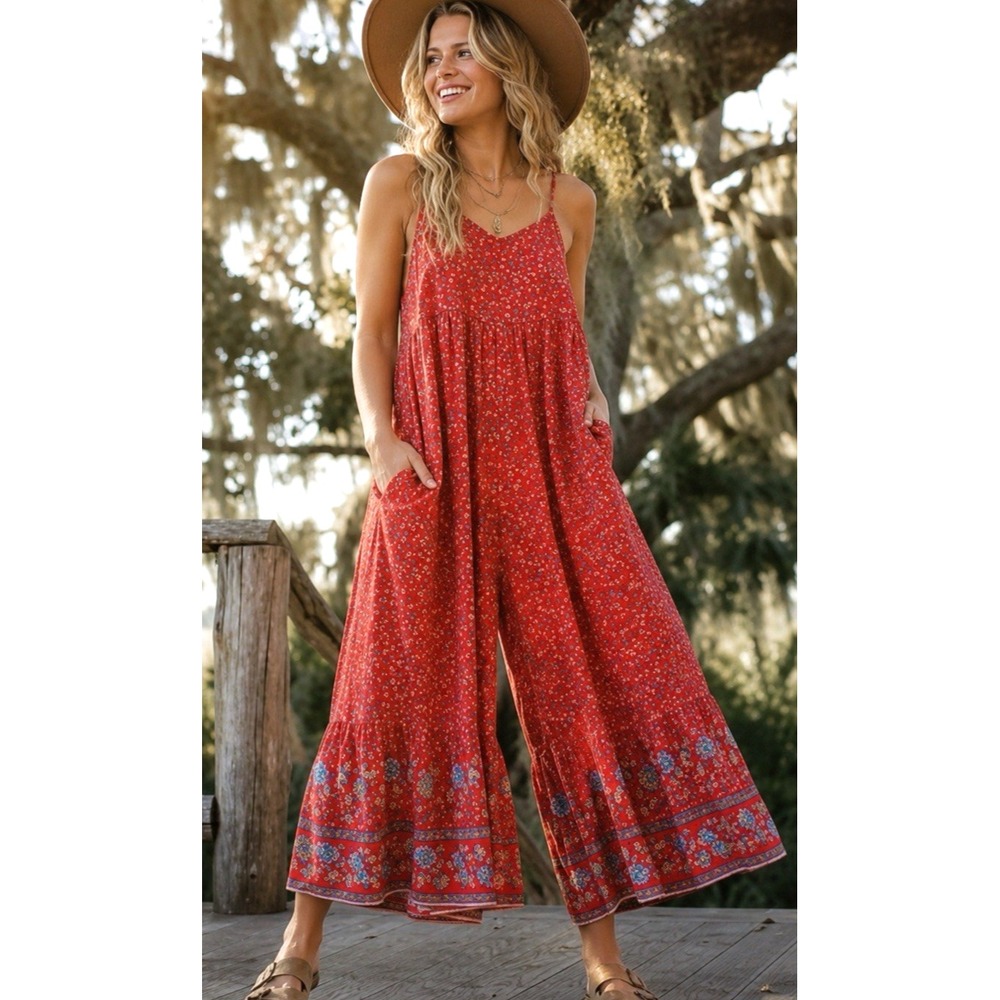 Natural Life Wide Leg Tiered Floral Romper Size S Oversized Pockets Sleeveless